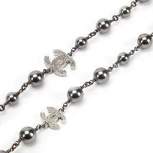 Chanel Gray Imitation Pearl, Strass and Ruthenium CC Necklace